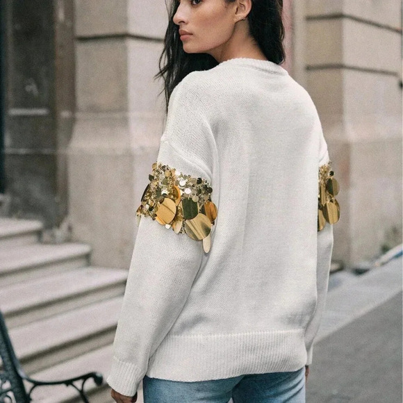 Women's Luxurious stylish Sequin detailed Long Sleeve Sweater top - Picture 7 of 9